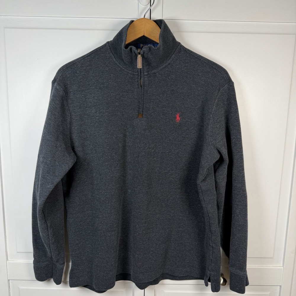 Polo Ralph Lauren Sweater Men's Large Dark Gray Rib Quarter Zip Pink Pony Cotton
